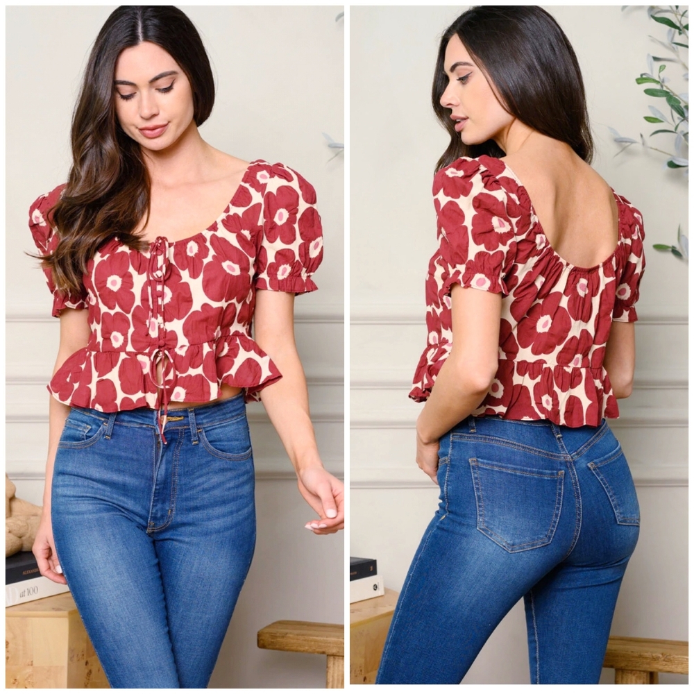Jacquie The Label Boho Chic Burgundy Floral Puff Sleeves Top